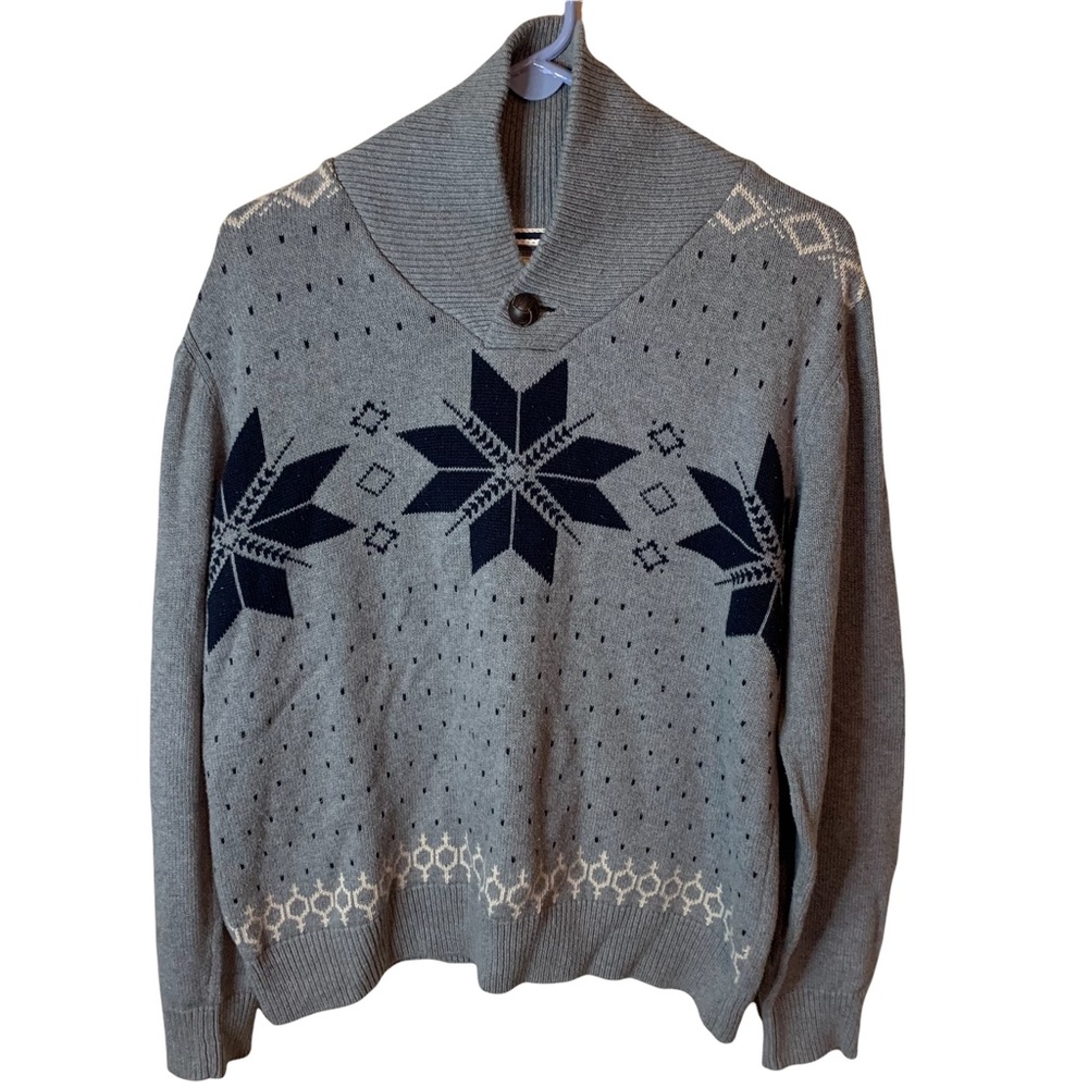 Weatherproof Vintage Knit Shawl Collar Sweater Snowflake Nordic Fair Isle Mens L